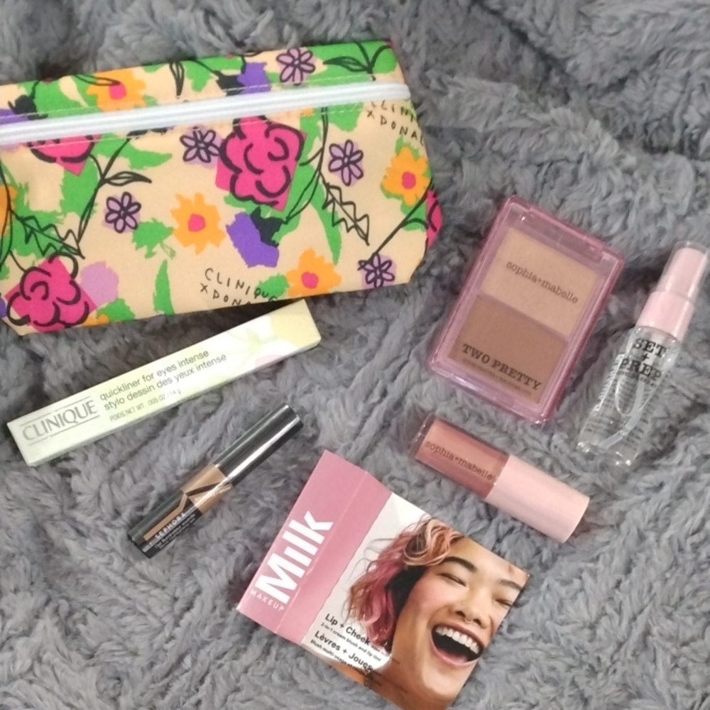 Clinique Floral Makeup Bag with Assorted Cosmetics